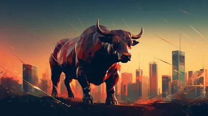 Rolgordijnen Bull illustration against city backdrop indicating rob © Cybonix