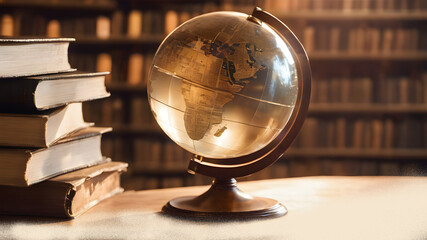 Crystal glass globe with  books and library background for environment and conservation. . Earth crystal glass globe ball. AI generated image, ai
