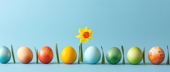 row of colorful easter eggs with daffodil flower on blue background