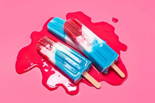 A pile of red, white and blue rocket ice pops in a melted puddle on a pink background.