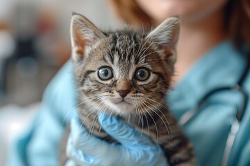 Veterinarian cradles a Felidae kitten, examining its fur and whiskers