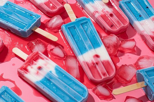 A pile of red, white and blue rocket ice pops in a melted puddle on a pink background.