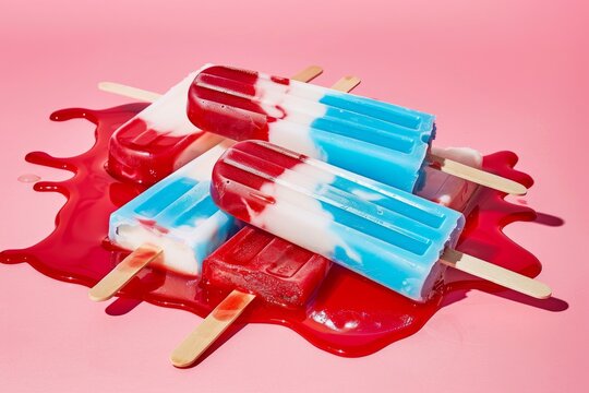 A pile of red, white and blue rocket ice pops in a melted puddle on a pink background.