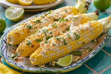 A platter of corn on the cob prepared Mexican elote style on teal tile counter with yellow napkin.