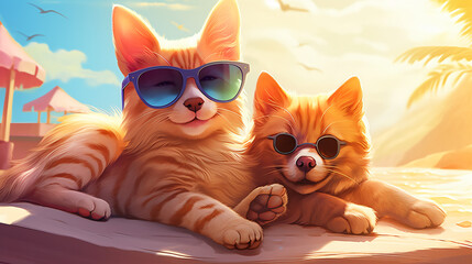 Cat and dog happily relaxing on the beach on vacation