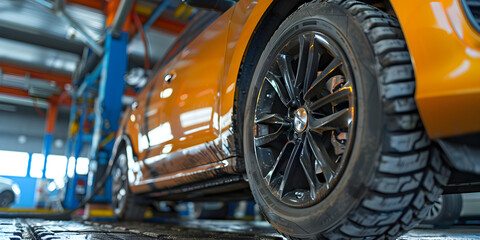   Car care maintenance and servicing tires in the warehouse of a tire dealer Closeup of beautiful alloy wheels of an expensive supercar. In the sports car sales center  - obrazy, fototapety, plakaty