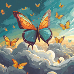 구름 위에서 날고있는 나비 - obrazy, fototapety, plakaty