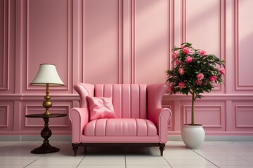 stylist and royal Art Deco interior in classic style with pink armchair and lamp.3d rendering, space for text
