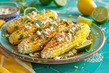 A platter of corn on the cob prepared Mexican elote style on teal tile counter with yellow napkin.