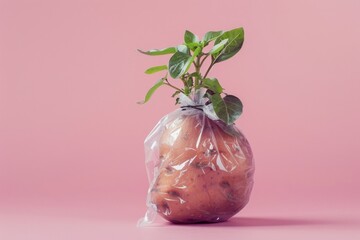 A sprouting sweet potato wrapped in plastic on a pink background. Food waste concept.