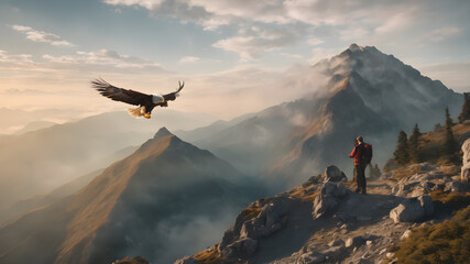  A man standing on top of a mountain celebrating with arms open. Success and goal achievement conceptAI generated image, ai