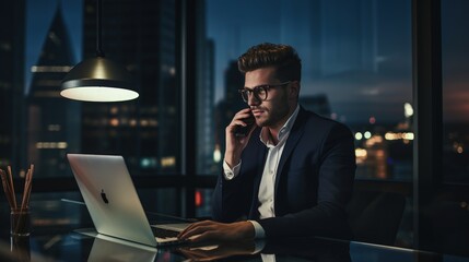 Entrepreneur making a phone call while working in an office. - obrazy, fototapety, plakaty