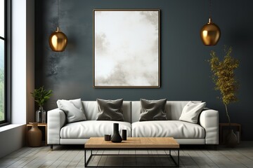 stylist and royal black and golden minimalist living room interior with sofa on a wooden floor - obrazy, fototapety, plakaty