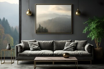 stylist and royal black and golden minimalist living room interior with sofa on a wooden floor - obrazy, fototapety, plakaty