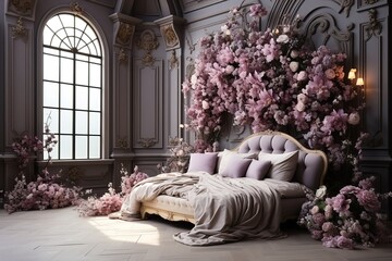 stylist and royal Bedroom interior with bed and big indoor flower, space for text, photographic - obrazy, fototapety, plakaty