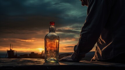 Empty alcohol bottle in the hands of a man, gaze staring into the distance - obrazy, fototapety, plakaty
