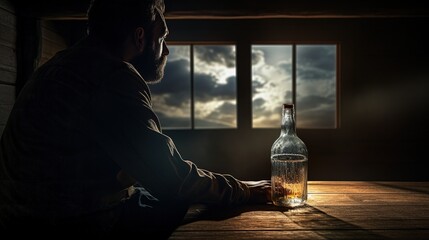Empty alcohol bottle in the hands of a man, gaze staring into the distance - obrazy, fototapety, plakaty