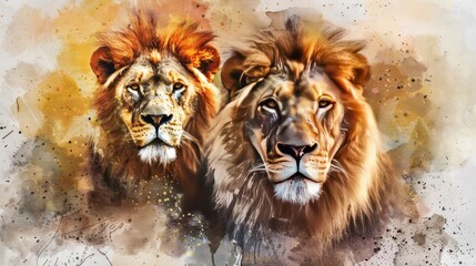 Watercolor art illustration of a lion's face with multi-colored fur on a white background.