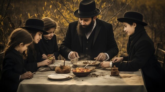Everyday family moments for Hasidic Jews: dinner, morning prayer, a walk