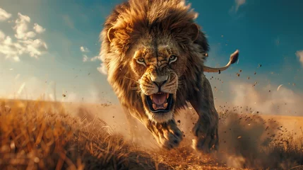Foto op Canvas Majestic Roar, lion, charge, mane, wild, animal, safari, dust, sky, power, nature, predator, king, wildlife, feline, savannah, strength, vibrant, movement, action, fierce, bold, ferocity, chase © auc