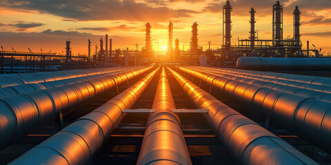Pipelines at oil refinery with bright sunset - obrazy, fototapety, plakaty