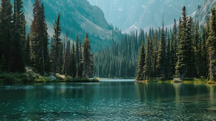 A secluded mountain lake surrounded by towering pine trees