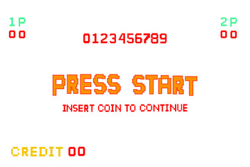 PRESS START INSERT A COIN TO CONTINUE .pixel art .8 bit game. retro game. for game assets .Retro Futurism Sci-Fi Background. glowing neon grid. and stars from vintage arcade computer games