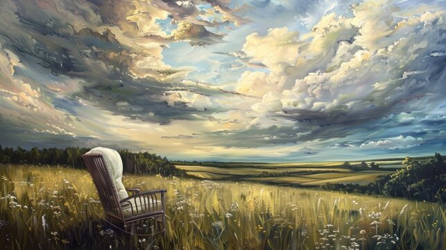 oil painting art image of a view of a cloudy sky with fields in the countryside.