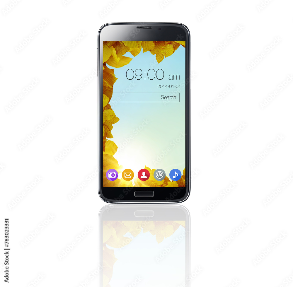 Poster phone screen, technology and icons on ui on mobile in studio isolated on white background mockup. sm