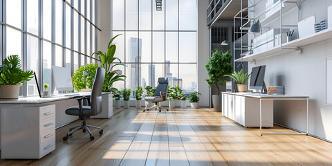 Empty modern office background in city center workspace interior design clean and bright office, Modern office interior with desks computers and window created using technology, 
