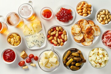 Appetizer with cold beer and assorted fast food such as cheese, jams, tomatoes, potatoes, peanuts on white table. Elevated view.