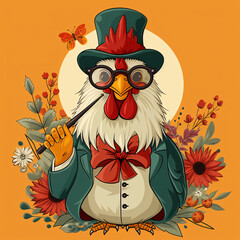 Elegant Cartoon Chicken in a Top Hat and Bowtie Surrounded by Beautiful Flowers and a Butterfly - A Whimsical Vector Illustration Perfect for Creative Design Projects, Children’s Books, and Wall Art