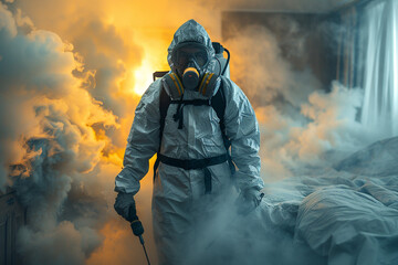 Person in hazmat suit fogging a bedroom to disinfect from pathogens.