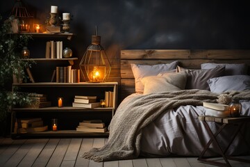 stylist and royal Cozy bedroom interior with book and reading lamp on bedside table