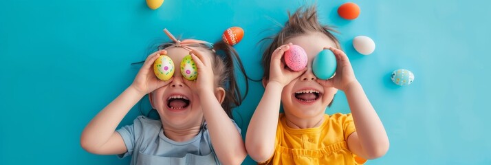 Fototapeta na wymiar Cute Child Holds Easter Eggs over Eyes, Painted Eggs in Cute Little Boy Hands on Easter Day