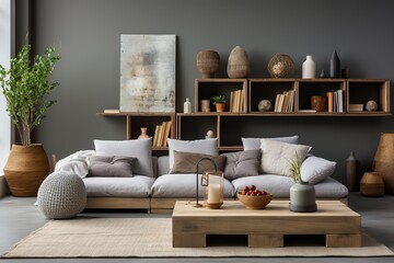 stylist and royal Creative composition of stylish modern spacious living room with grey sofa, wooden cubes