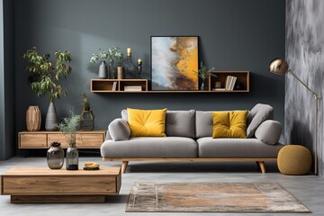 stylist and royal Creative composition of stylish modern spacious living room with grey sofa,...