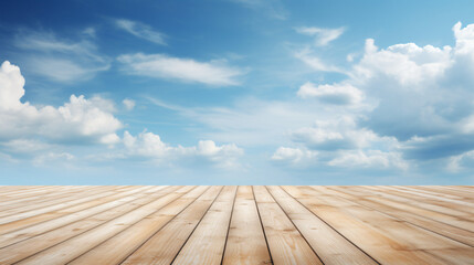 Cloudy blue sky and wood floor background image. .. - obrazy, fototapety, plakaty