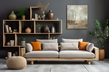 stylist and royal Creative composition of stylish modern spacious living room with grey sofa,...