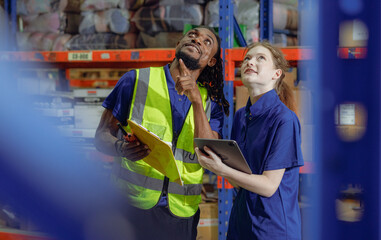 Multiracial manager train female technician working job in warehouse and logistic professional occupation. Storehouse supervisor diverse group of people discussing inventory storage, order delivering