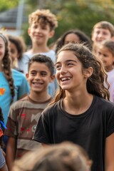Fototapeta premium Girl laughing with peers in background, joyful youth, happiness in school