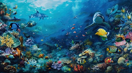Obraz na płótnie Canvas Underwater world, corals, sea life, fish, bright colors, natural environment, flora and fauna, sun rays, water, aqua, sea, ocean, realistic style. Generative by AI