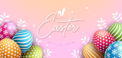 Happy Easter Banner Design with Colorful Painted Egg and Typography Lettering on Light Pink Background. International Christian Religious Celebration Holiday Banner Design for Greeting Card or Party I