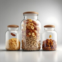 nuts and dried fruits in glass  jars with a white background