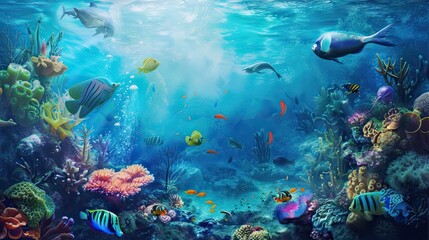 Obraz na płótnie Canvas Underwater world, corals, sea life, fish, bright colors, natural environment, flora and fauna, sun rays, water, aqua, sea, ocean, realistic style. Generative by AI