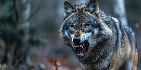 Portrait of a Grey wolf angry in the forest