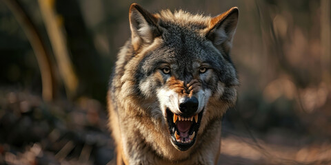 Obraz premium Portrait of a Grey wolf angry in the forest