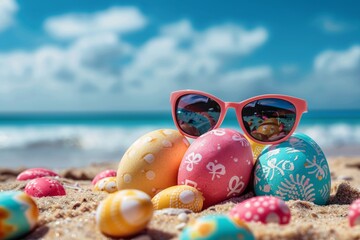 Obraz premium Happy Easter Eggs with Sunglasses on Ocean, Easter Travel, April Holiday Vacation