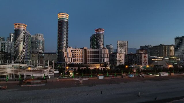 Flying over modern luxury hotel Colosseum Marina on Sherif Khimshiashvili street. Batumi, Georgia
