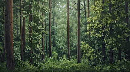 Fotobehang Forest, mysticism, greenery, moss, grass, tropics, wilderness, thicket, paranormal, another world, realistic style, green tones, foliage. Forest and nature beauty concept. Generative by AI © Anastasia